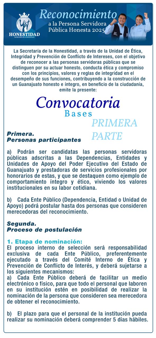 Primera parte de la Convocatoria Persona Servidora Pública Honesta