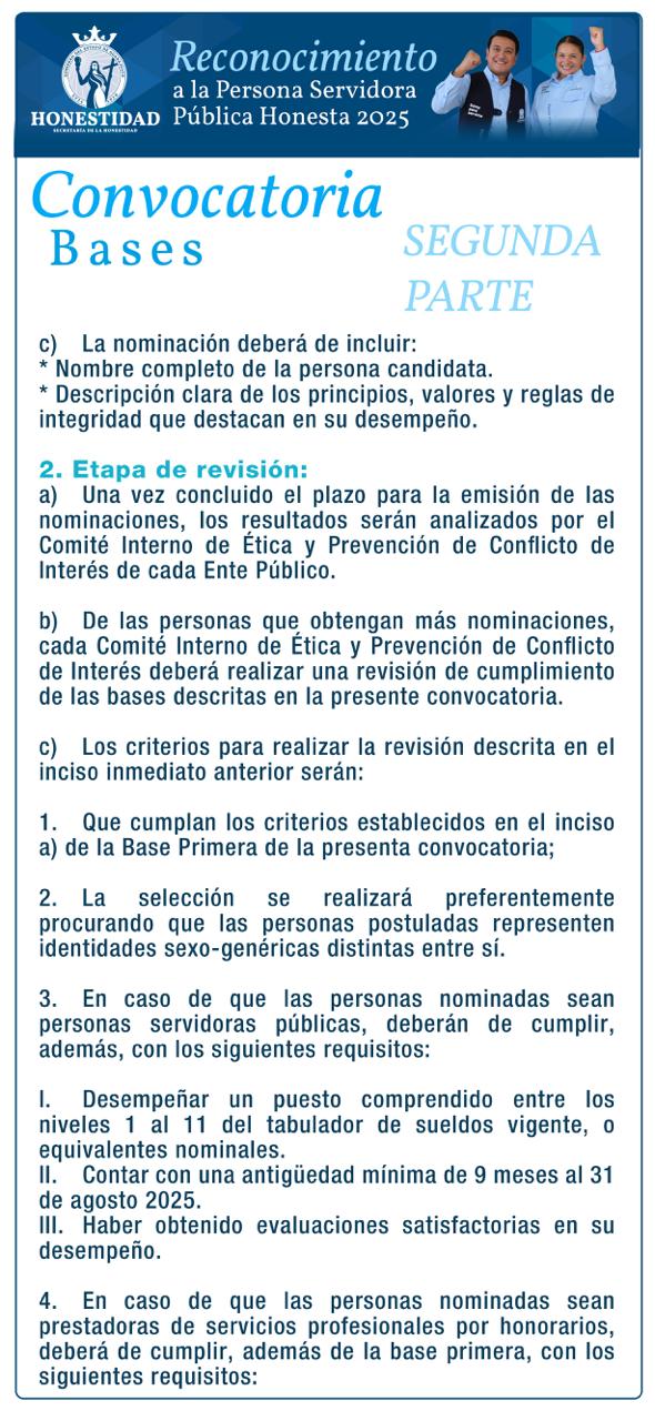 Segunda parte de la Convocatoria Persona Servidora Pública Honesta