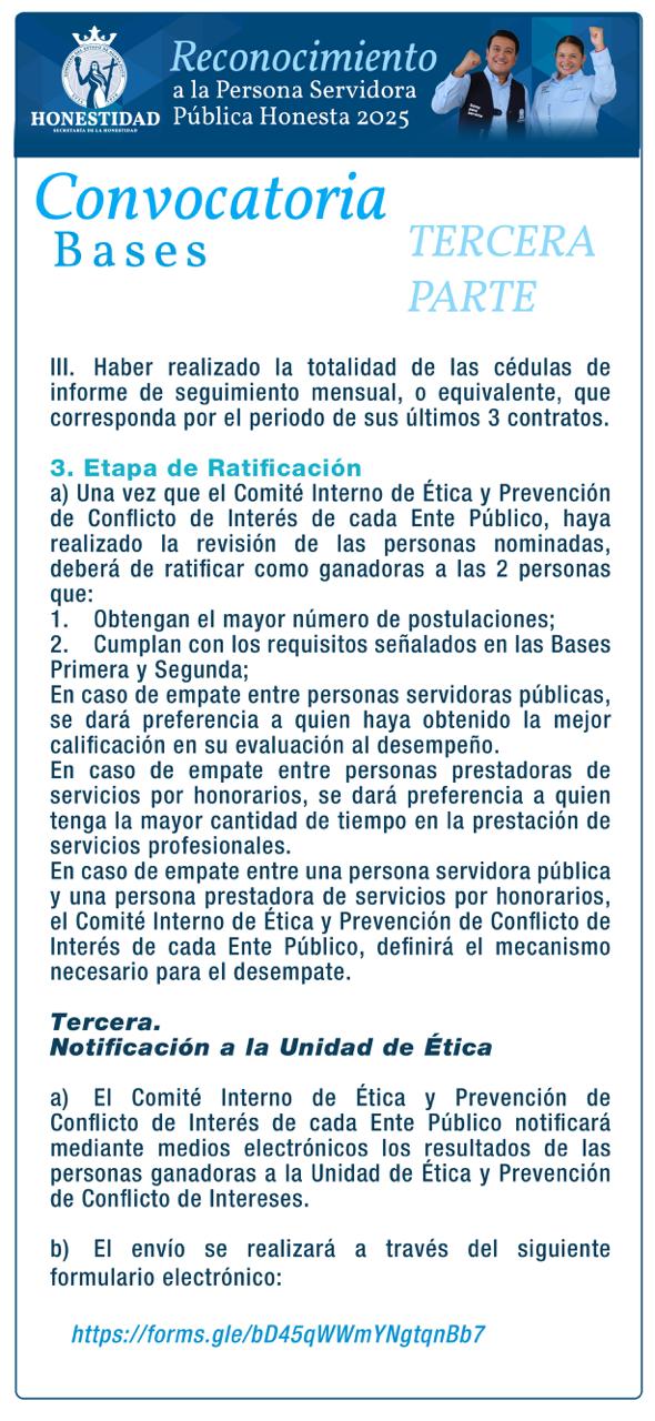 Tercera parte de la Convocatoria Persona Servidora Pública Honesta
