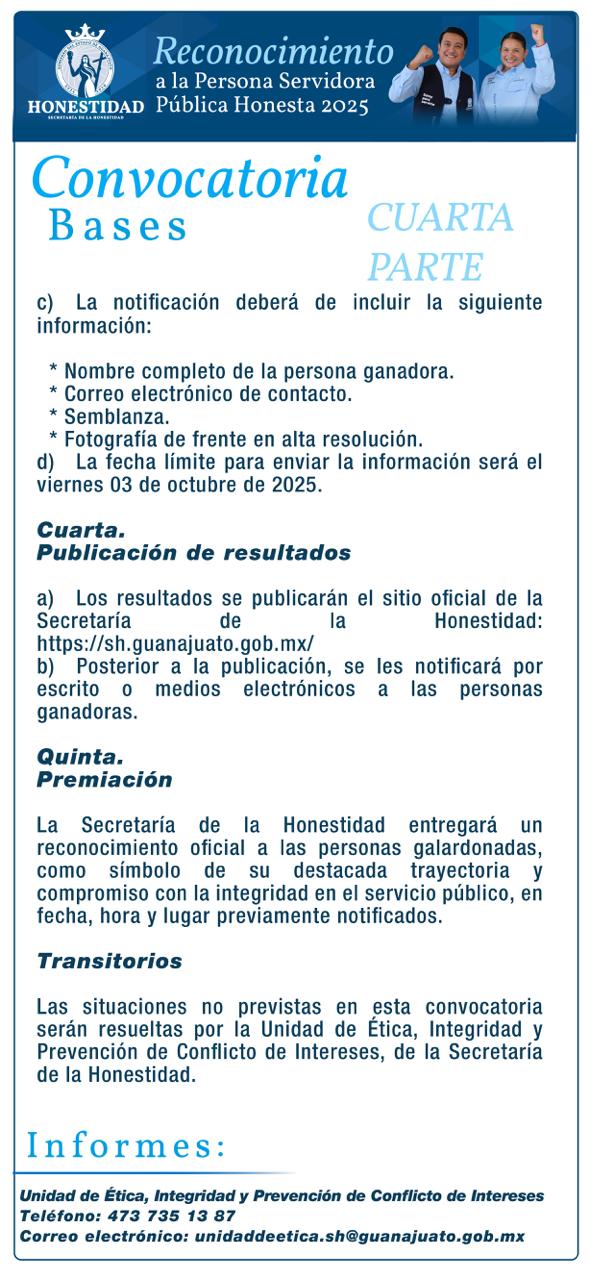 Cuarta parte de la Convocatoria Persona Servidora Pública Honesta